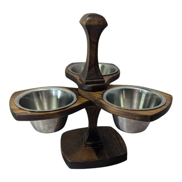 Vintage Rustic Wooden Condiment Stand with three stainless bowl inserts MCM Retr - Picture 2 of 10
